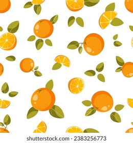 Seamless pattern,whole oranges, halves and orange slices, with green leaves on a white background. Abstract fruit background. Ideal for textile production, wallpaper, posters, etc. Vector illustration