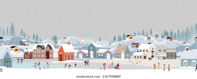 Seamless pattern,Winter Village landscape,Celebrating Christmas, New Year 2024 City Night Sky with Snow people playing ice skate in the park,Vector Xmas horizon banner Winter wonderland forest nature