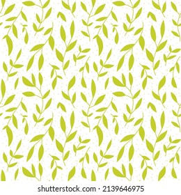 Seamless patternwith green leaves, branches and polca dot. Vector illustration.