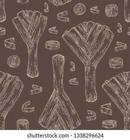 Seamless patternwith leek: full leek and slices. Vector hand drawn illustration. 
