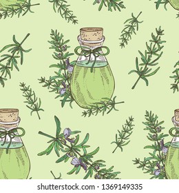 Seamless patternwith rosemary and bottle of rosemary essential oil. Cosmetic, perfumery and medical plant. Vector hand drawn