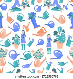 Seamless pattern.Young girl takes care of indoor plants. Home hobby. Woman in the garden. Cute colored watering cans. Bouquet in a watering can. Rubber boots with flowers. Vector drawing of gardening