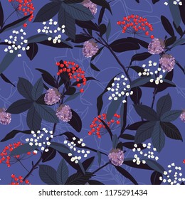  Seamless patterrn of autumn leaves ,red berries,wild flowers,on botanical line background vector design for fashion,fabric,wallpaper and all prints on blue background color