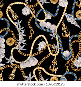 Seamless patterrn with chains, anchors and shells