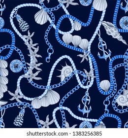 Seamless patterrn with chains, anchors and shells