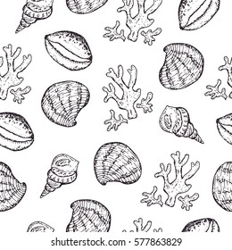 Seamless patters with sea shell hand drawn collection. Vector stock illustration.  Black and white sketch 