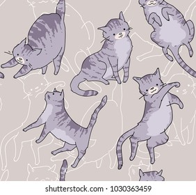 Seamless pattertn of cute cat in funny cartoon style. Vector illustration. Catroon cat drawing. Cat pattern.