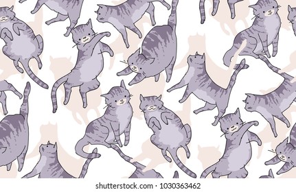Seamless pattertn of cute cat in funny cartoon style. Vector illustration. Catroon cat drawing. Cat pattern.
