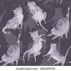 Seamless pattertn of cute cat in funny cartoon style. Vector illustration. Catroon cat drawing. Cat pattern.