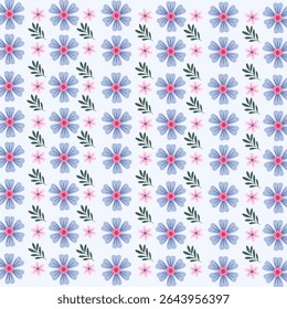 Seamless pattren geometric floral featuring symmetrical pink and blue floral shapes on a white background. Suitable for textile prints, wallpaper, wrapping paper