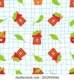 Seamless pattren with houses and green leaves on blue square background. Vector backdrop. Wrapping, wallpaper, fabric textile print, template cover for book, copybook.  School concept 