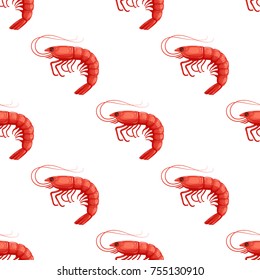 Seamless pattrn with flat red shrimp on white background - vector illustration. Prawn, seafood background, template for restaurant menu