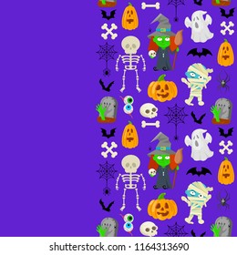 Seamless patttern of cartoon charachters for Halloween on blue background.