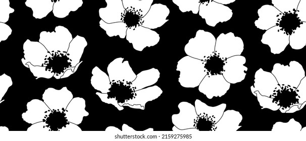 Seamless patttern with rose hip flowers. Endless design for wallpaper, fabric print. Black and white colors.