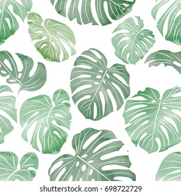 Seamless pattTropical seamless pattern - watercolor monster. Botanical vector wallpaperern of palms leaves