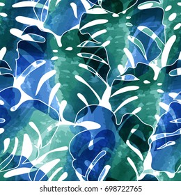 Seamless pattTropical seamless pattern - watercolor monster. Botanical vector wallpaperern of palms leaves