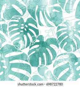 Seamless pattTropical seamless pattern - watercolor monster. Botanical vector wallpaperern of palms leaves