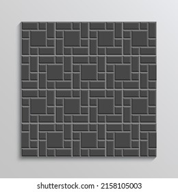 Seamless pavement slab pattern. Black cobblestone masonry texture. Paver tile. Decorative sidewalk. Stone surface. Mosaic outdoor background. Paved floor. Cement brick backdrop. Vector illustration