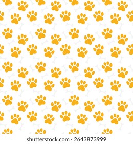 Seamless paw pattern with dog or cat footprint. Yellow animal pet pawprint background