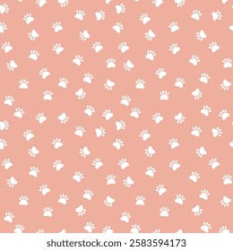Seamless Paw Print Background. Seamless pattern with white pet paw prints on a pastel pink background