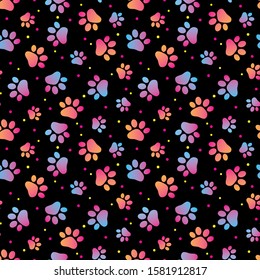 Seamless paw print pattern animal footprint on black background