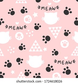 Seamless Of Paw Prints And Head Cat Kitten On Background Vector Illustration. Cute Cartoon Animal Pattern For Print.