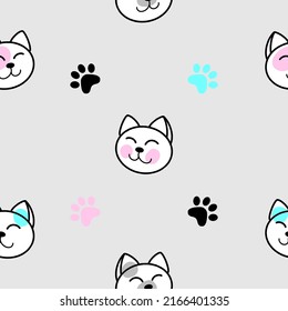 Seamless of paw prints and head cat kitten on background vector illustration. Cute cartoon animal pattern for print.