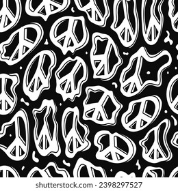 Seamless peace signs patter on black background. Cartoon doodle vector illustration design