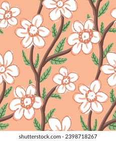 Seamless peach fuzz color cherry blossom pattern design vector. Color of the year 2024