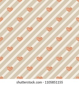 seamless peach glitter heart shape pattern on stripe background