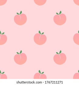 Seamless of peach with green leaves on pink background vector illustration. Cute cartoon fruit pattern.
