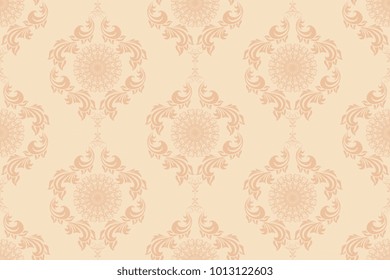 Seamless peach ornament on a beige background. Floral ornament on background. Wallpaper pattern