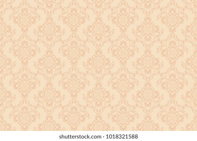 Seamless peach ornament on a beige wallpaper pattern. Floral ornament on background