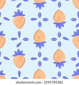 Seamless peach pattern with blue leaves on a pastel background. Ideal for textiles, packaging, wallpaper, and modern design projects