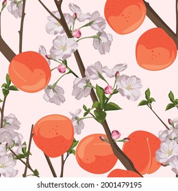 Seamless peach pattern with fruits, leaves, flowers background.  Summer vibes. Texture for textile, postcard, wrapping paper, packaging etc.