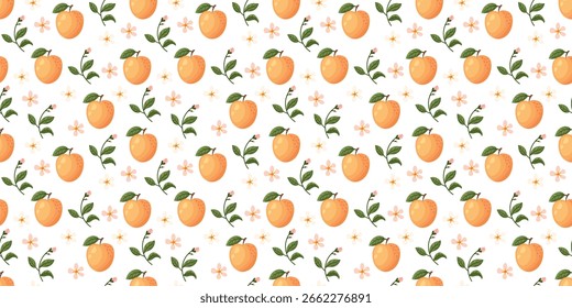 Seamless peach pattern with leaves and soft pink flowers