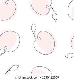 Seamless peach pattern – trendy contemporary one line drawing abstract fruit with pink shapes on white background