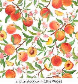 Seamless peach pattern with tropic fruits, leaves, flowers background. Vector illustration in watercolor style for summer 
cover, tropical wallpaper, vintage texture, backdrop, wedding invitation
