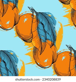 Seamless peach pattern with tropic fruits, leaves, flowers background. Vector illustration for summer cover, tropical wallpaper, vintage texture, backdrop, wedding invitation