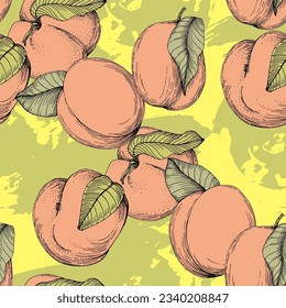 Nahtlose Pfirsichmuster mit tropischen Früchten, Blättern, floralem Hintergrund. Vektorgrafik für die Sommerdecke, tropische Tapeten, Vintage-Textur, Hintergrund, Einladung zur Hochzeit