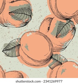 Patrón de melocotón sin foco con frutos tropicales, hojas, fondo de flores. Ilustración vectorial para la cubierta de verano, fondo de pantalla tropical, textura vintage, fondo, invitación a la boda