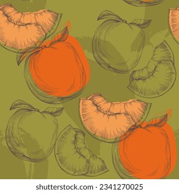 Seamless peach pattern with tropic fruits, leaves, flowers background. Vector illustration for summer cover, tropical wallpaper, vintage texture, backdrop, wedding invitation