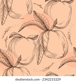 Seamless peach pattern with tropic fruits, leaves, flowers background. Vector illustration for summer cover, tropical wallpaper, vintage texture, backdrop, wedding invitation