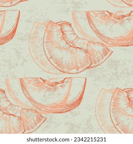 Seamless peach pattern with tropic fruits, leaves, flowers background. Vector illustration for summer cover, tropical wallpaper, vintage texture, backdrop, wedding invitation