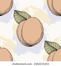 Patrón de melocotón sin foco con frutos tropicales, hojas, fondo de flores. Ilustración vectorial para la cubierta de verano, fondo de pantalla tropical, textura vintage, fondo, invitación a la boda