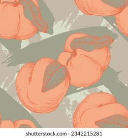 Seamless peach pattern with tropic fruits, leaves, flowers background. Vector illustration for summer cover, tropical wallpaper, vintage texture, backdrop, wedding invitation