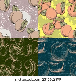 Seamless peach pattern with tropic fruits, leaves, flowers background. Vector illustration for summer cover, tropical wallpaper, vintage texture, backdrop, wedding invitation
