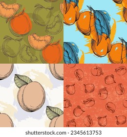 Seamless peach pattern with tropic fruits, leaves, flowers background. Vector illustration for summer cover, tropical wallpaper, vintage texture, backdrop, wedding invitation