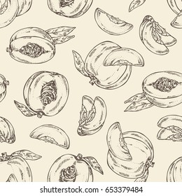 Seamless with peach and slice background. Vector hand drawn illustration