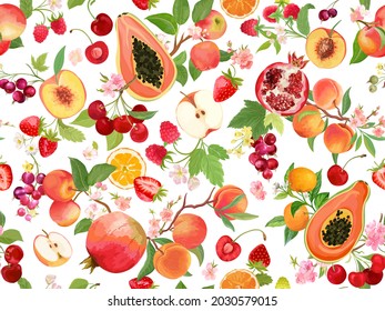 Seamless peach, strawberry, black currant, cherry, apple, mandarin, orange pattern with summer fruits background. Vector illustration tropical watercolor spring cover, texture, wrapping backdrop